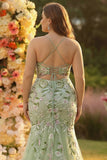 Corsé de sirena verde bordado vestido largo de talla grande con abertura