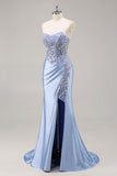 Vestido largo de graduación de talla grande de sirena sin tirantes verde oscuro con lentejuelas y abertura
