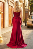 Vestido largo de graduación de talla grande de sirena sin tirantes verde oscuro con lentejuelas y abertura