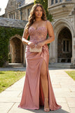 Corsé de rosa polvorienta sirena de talla grande con vestido largo de graduación con abertura