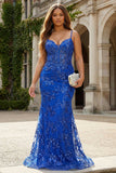 Vestido largo de graduación de sirena de corsé azul real azul real
