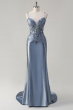 Vestido de fiesta largo con apliques de corsé y tirantes finos de sirena gris brillante