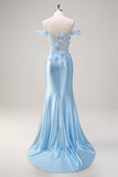 Azul Cielo Off The Shoulder Corsé de sirena Floral Vestido de Fiesta Largo con Flores 3D