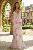 Vestido de baile largo floral de talla grande con lentejuelas rosas de sirenas y encaje en la espalda