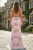 Vestido de baile largo floral de talla grande con lentejuelas rosas de sirenas y encaje en la espalda