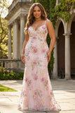 Vestido de baile largo floral de talla grande con lentejuelas rosas de sirenas y encaje en la espalda