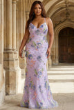 Vestido de baile largo floral de talla grande con lentejuelas rosas de sirenas y encaje en la espalda