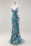 Lentejuelas sirena tirantes de espagueti lentejuelas vestido de fiesta negro con apliques