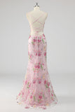 Vestido de baile largo floral de talla grande con lentejuelas rosas de sirenas y encaje en la espalda
