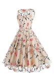 Elegante vestido midi sin mangas bordado floral color albaricoque
