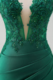 Vestido largo de fiesta con corsé sin tirantes de sirena verde brillante con abertura