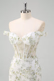 Vestido de fiesta largo con corsé de sirena verde claro con hombros descubiertos y bordados