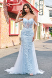 Vestido de fiesta azul con corsé con apliques de sirena con hombros descubiertos