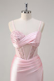 Vestido de fiesta largo de lentejuelas rosa sirena brillante con abertura
