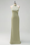 Elegante vestido de dama de honor de sirena de satén halter de salvia