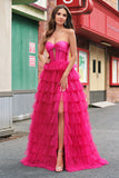 Princesa fucsia Strapless Cut Out Vestidos de Fiesta Largos de Tul Escalonado