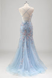 Vestido de fiesta de tul con tirantes de espagueti con tirantes florales con cuentas de color azul claro