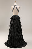 Vestido de graduación largo con volantes negros con volantes A Line Header con cuentas y espalda abierta