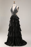 Vestido de graduación largo con volantes negros con volantes A Line Header con cuentas y espalda abierta