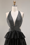 Vestido de graduación largo con volantes negros con volantes A Line Header con cuentas y espalda abierta