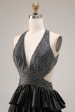 Vestido de graduación largo con volantes negros con volantes A Line Header con cuentas y espalda abierta