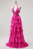 Vestido de graduación largo con volantes negros con volantes A Line Header con cuentas y espalda abierta