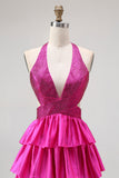 Vestido de graduación largo con volantes negros con volantes A Line Header con cuentas y espalda abierta