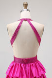Vestido de graduación largo con volantes negros con volantes A Line Header con cuentas y espalda abierta