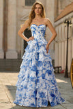 Vestido largo de graduación largo de cintura sin tirantes de flor blanca azul en línea vasca con abertura
