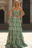 Vestido largo largo de graduación de la Princesa Vasca Verde con volantes y volantes