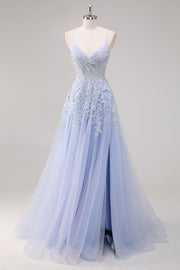 Lavanda A Line Spaghetti Straps Tul Vestido de Fiesta Largo con Cuentas con Abertura