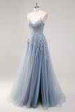 Lavanda A Line Spaghetti Straps Tul Vestido de Fiesta Largo con Cuentas con Abertura