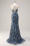 Sirena brillante con lentejuelas de encaje en la espalda Vestido largo de graduación de talla grande con abertura