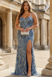 Sirena brillante con lentejuelas de encaje en la espalda Vestido largo de graduación de talla grande con abertura