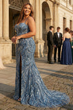Sirena brillante con lentejuelas de encaje en la espalda Vestido largo de graduación de talla grande con abertura