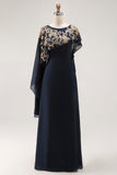 Vestido de Madre de la Novia con Apliques de Funda Azul Marino con Chal