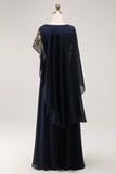Vestido de Madre de la Novia con Apliques de Funda Azul Marino con Chal