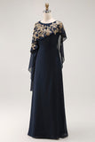 Vestido de Madre de la Novia con Apliques de Funda Azul Marino con Chal