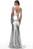 Vestido formal de sirena con lentejuelas y escote en V plateado brillante