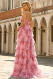 Vestido floral de graduación sin tirantes con volantes y volantes largos con abertura y abertura