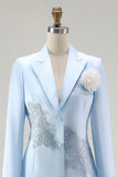 Vestido de satén azul de 2 piezas de la madre de la novia con bordado