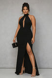 Vestido formal de satén de talla grande con ojo de cerradura de sirena negra y abertura
