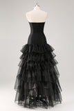 Vestido formal con volantes escalonados de tul sin tirantes negro