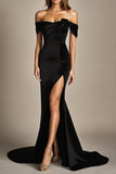 Vestido formal negro sirena con hombros descubiertos y abertura