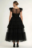 Vestido formal Midi de tul más grande talla en línea A negro línea A