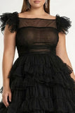 Vestido formal Midi de tul más grande talla en línea A negro línea A
