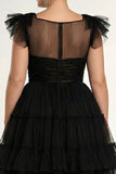 Vestido formal Midi de tul más grande talla en línea A negro línea A