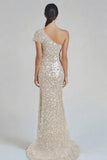 Vestido formal de un hombro sirena champán brillante con lentejuelas