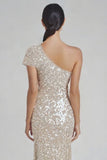 Vestido formal de un hombro sirena champán brillante con lentejuelas