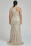 Vestido formal de talla más y un hombro con champán brillante y lentejuelas